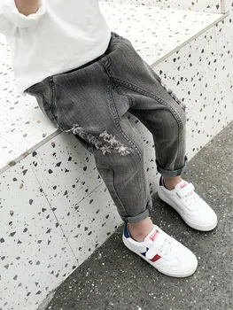 

2019 Autumn New Fashion Boys Trousers Kids Soild Color Middle Waist Ripped Jeans Baby Handsome Slim Bound Feet Trousers