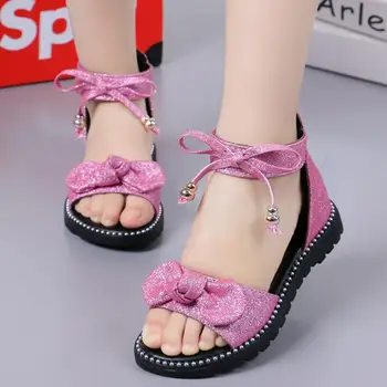 

Bowtie Kids Sandals 2020 Summer Baby Beach Shoes Children Fashion Soft Flat Girls Fashion Princess Sequins Sandals Size 26-36
