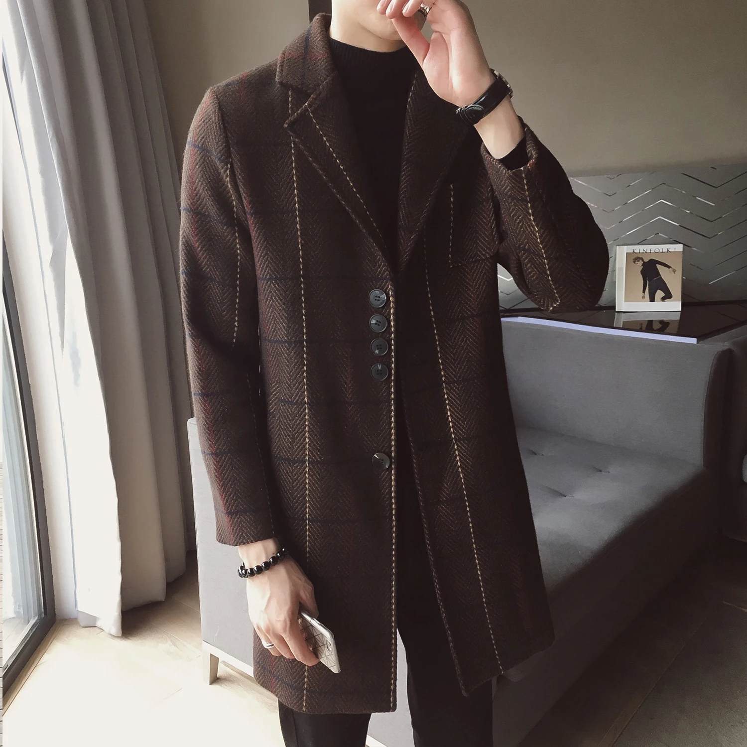 

Abrigos Hombre Invierno 2019 Winter Warm Wool Coat Korean Slim Fit Long Jacket Men Trend Grid Casaco Masculino