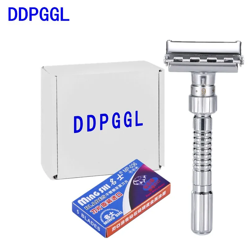 

DDPGGL Men Double Shaver Razor Blade Adjustable Edge Razor Safety Razor Zinc Alloy Chrome Razors With 5 Replacement Blade