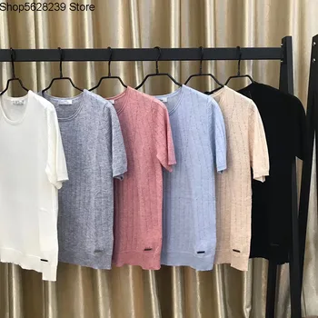 

2020 Silk Wool Cashmere Blended Knitting Thin Shirt Short Sleeve Pick Hole Hollowed Out Female Loose Top