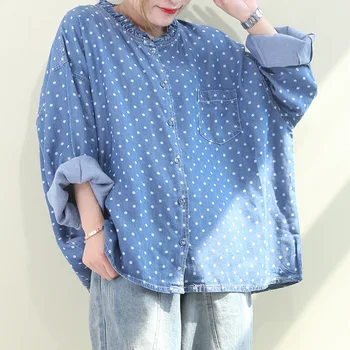 

[EWQ] 2020 Spring Summer New Pattern Round Collar Long Sleeve Dot Print Patchwork Single Breasted Vintage Shirt Women AK63905