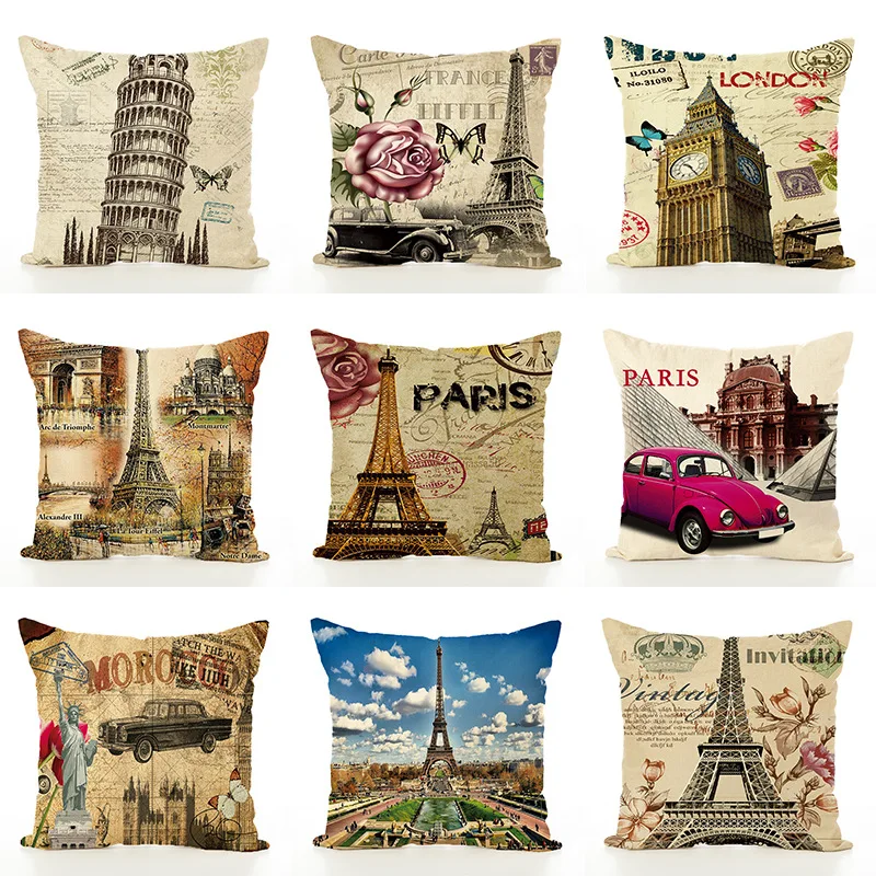 

Retro Style Landmark Building Pattern Pillowcase Tower London Big Ben British Statue of Liberty Cushion Cover