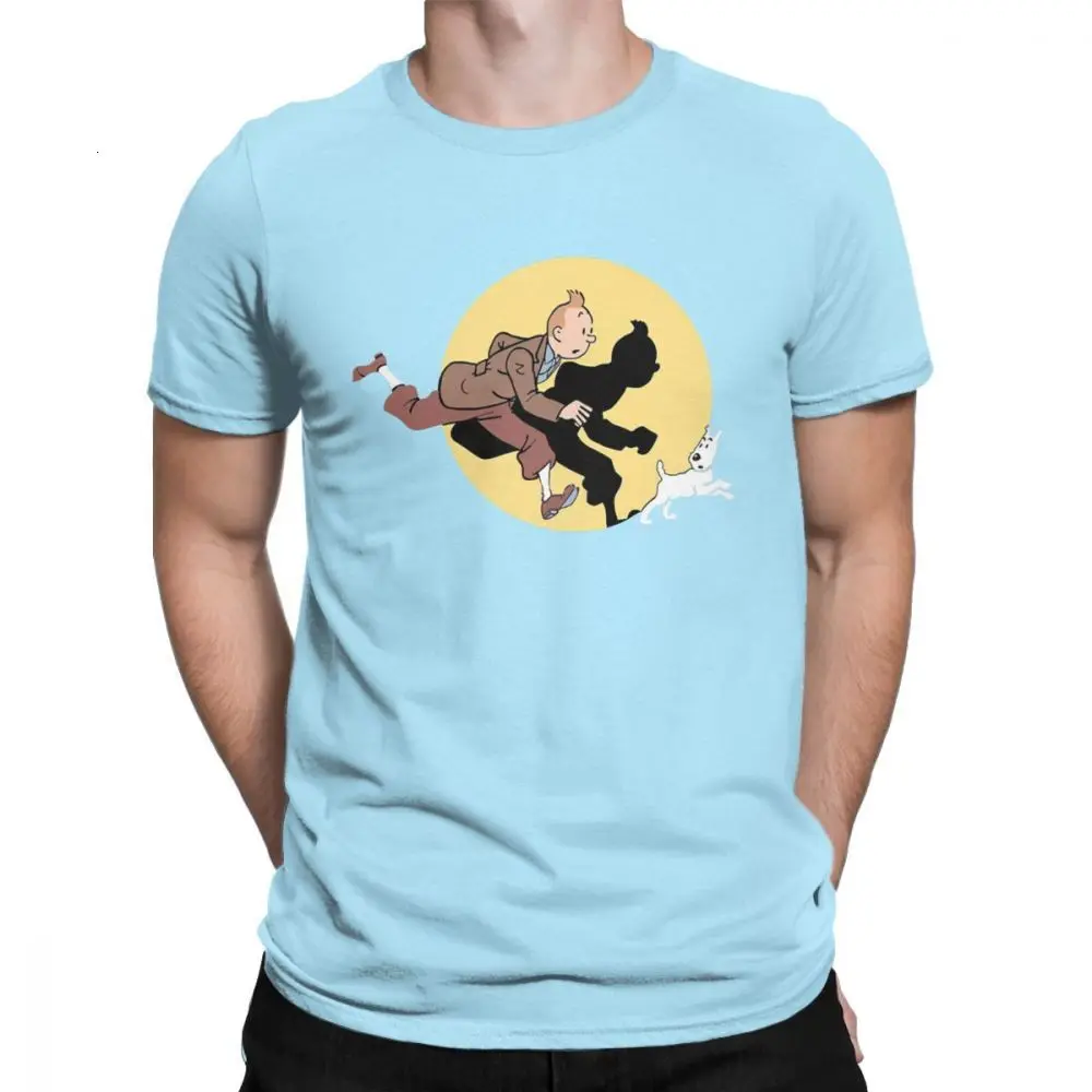 Футболка Midnite Star Tin The Movie The adventures Of Tintin для мужчин, Винтажная футболка из чистого хлопка, футболка с круглым вырезом, летняя одежда - Цвет: SkyBlue