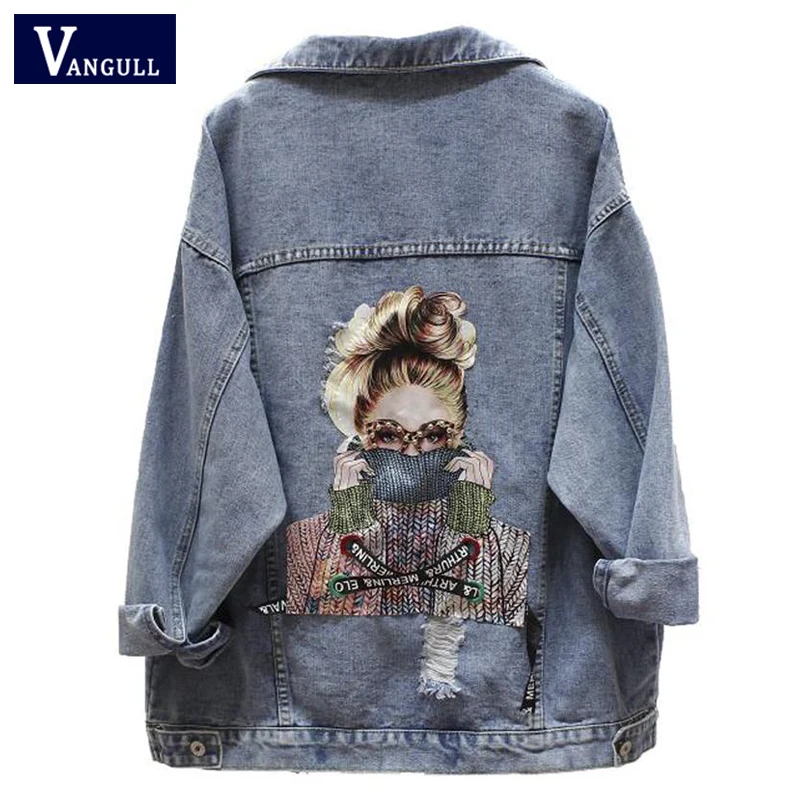 

Vangull Harajuku Printed Frayed Beading Denim Jacket 2019 BF Autumn New Solid Loose Jean Jacket Long Sleeve women coat outwear