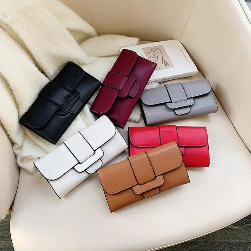 

Fashion Long Wallet Ladies Multi-function Simple Solid Soft Card Holder Flap Triple Folding Purse Women PU Leather Clutch