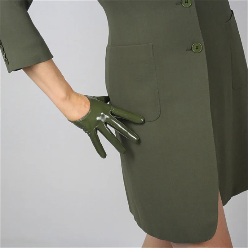 Patent leather green 13 см Ультра короткие перчатки с сенсорным экраном, эмуляция кожи, зеркальный Яркий кожаный светильник, розовый цвет вишни, розовый цвет, Женский PU115 - Цвет: Patent leather green