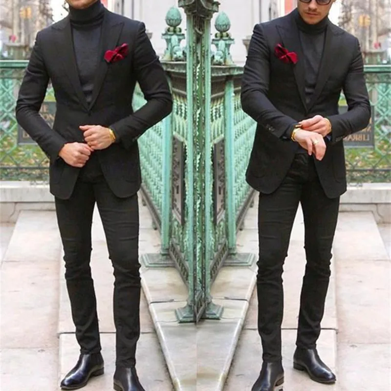 27Classy Black Mens Suit Two Pieces Custom Made Wedding Tuxedos Slim Fit Men Formal Wear(Jacket+Pants)