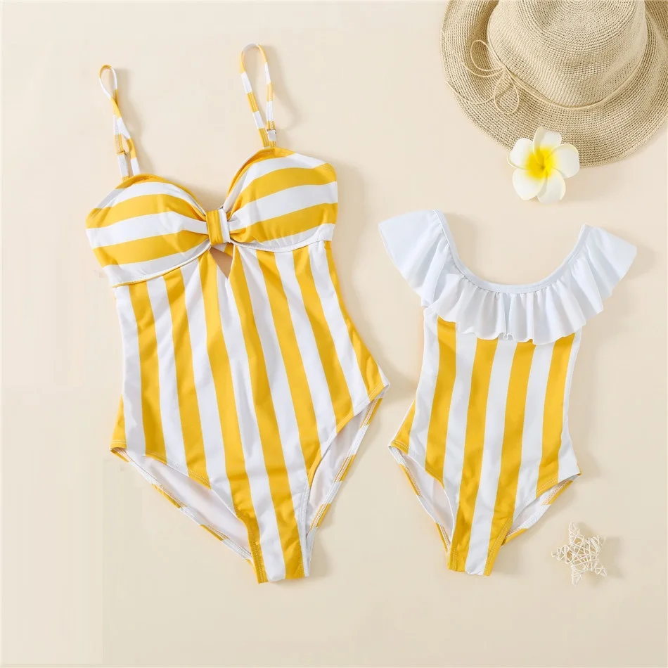 Traje de baño a rayas de una pieza para madre e hija, traje de baño a juego para Mamá, Mamá, hija, ropa de baño