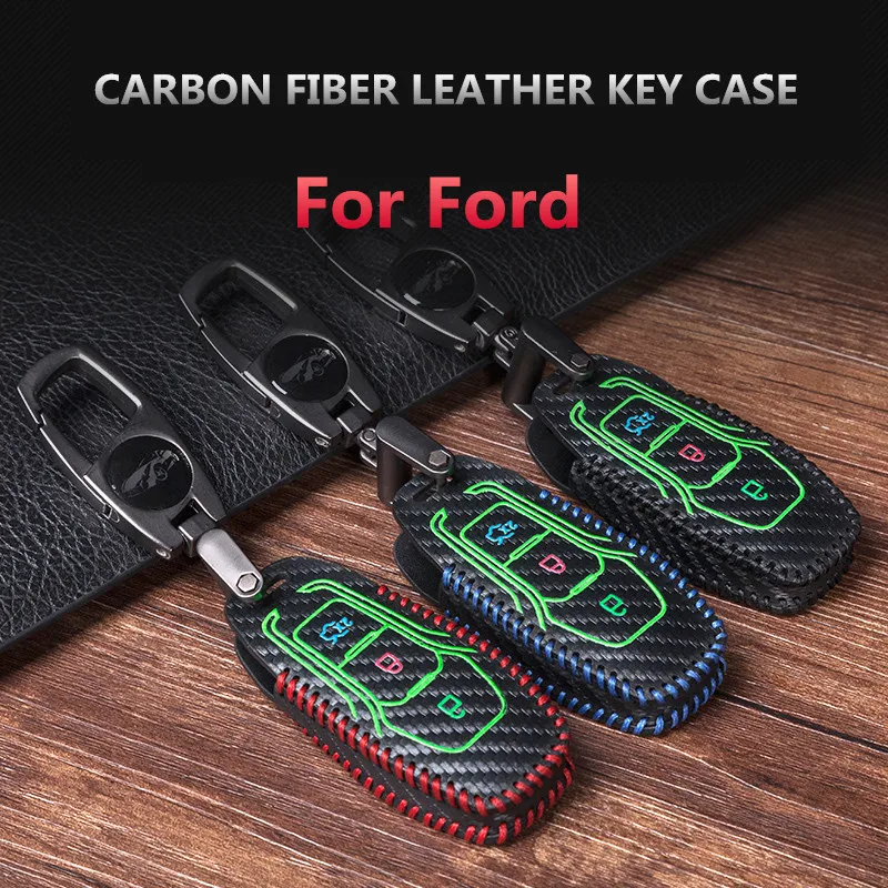 

Luminous Carbon fier Leather Car 3 Button Key Case Cover For Ford Ranger C-Max S-Max Focus Galaxy Mondeo Transit Tourneo Custom