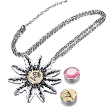 

10PCS PGinger Snap Necklace Sun Flower Charms Pendant fit 18mm Snap Button 50cm Stainless Steel Chain Jewelry Women Gift NN-773