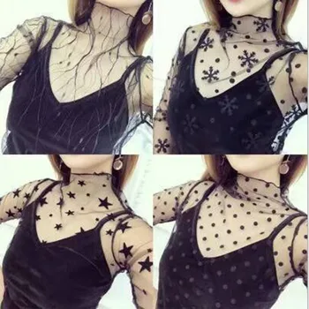 

Black Mesh T-shirt Half High Collar Women Harajuku See Through Hollow Out Transparent Dot Base Net Tops Camisas Femininas