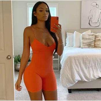 

2019 Women Sexy Strapless Playsuit Neon Solid Color Skinny Bodysuit Strap Backless Fitness Outfit Summer V-neck Women Sets