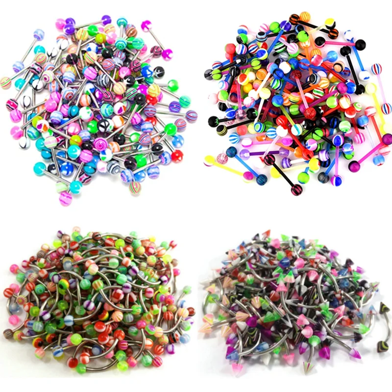 Stainless Steel & Acrylic Tongue and Nipple Barbell Piercing Set - Bulk Pack