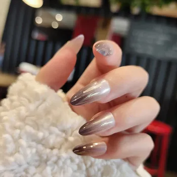 

24pcs Gray Color Aurora Smoke Grey fake nails with glue Gradient Long Style Attractive Wearable Woman Decorative Fingernail tips