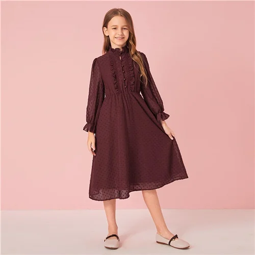 SHEIN/милое однотонное платье с воротником-стойкой и оборкой на пуговицах спереди для девочек г. Осенние детские платья средней длины в швейцарский горошек с длинными рукавами - Цвет: Burgundy