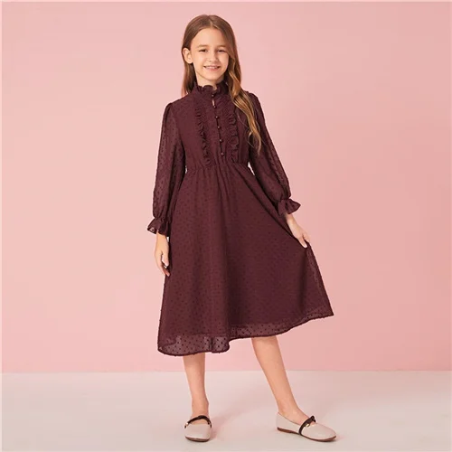 Burgundy SHEIN/милое однотонное платье с воротником-стойкой и оборкой на пуговицах спереди для девочек г. Осенние детские платья средней длины в швейцарский горошек с длинными рукавами - Цвет: Burgundy