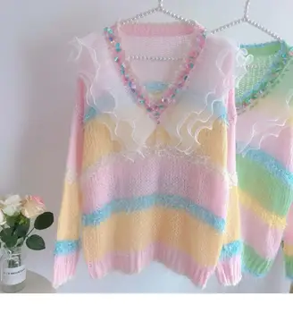 

Autumn Women Sweater Sequined Lace Striped Knitted Candy Color Japanese Female Fashion Sweet V-neck Long sleeve Knitwear
