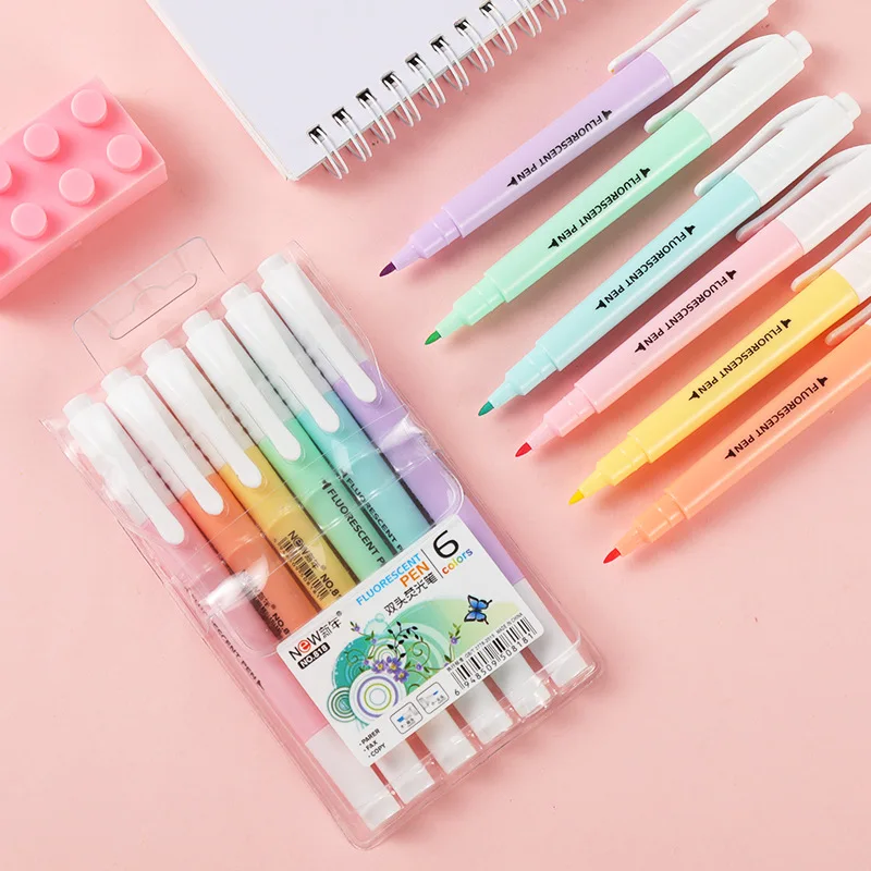 Rotulador subrayador de colores, suministros para oficina y escuela, marcador fluorescentes de doble punta con forma de dulce, juego de 6 unidades
