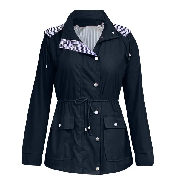 Женская однотонная дождевая куртка на открытом воздухе водонепроницаемая с капюшоном ветрозащитный плащ карманное пальто ветровка карманное пальто быстросохнущая походная куртка - Цвет: Navy