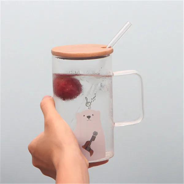 Music Bear-Straw Стеклянная чашка с рисунком медведя из мультфильма, термостойкая молочная кофейная чашка с бамбуковой крышкой, сок, цветок, домашняя чашка, большая емкость, стакан для питья es 550 мл - Цвет: Music Bear-Straw