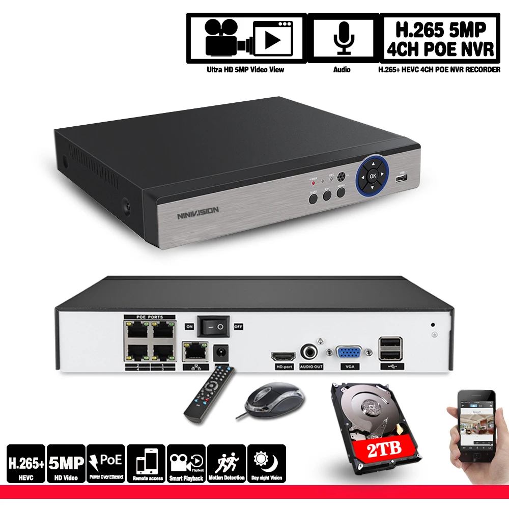 NINIVISION H.265 5MP 4CH 48V POE NVR аудио выход детектор движения видеонаблюдения безопасности