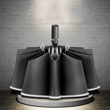 

2019 Automatic Reverse Umbrella 10 bones 3-folding with Luminous reflective strip Drip-proof safety reverse umbrella rain women