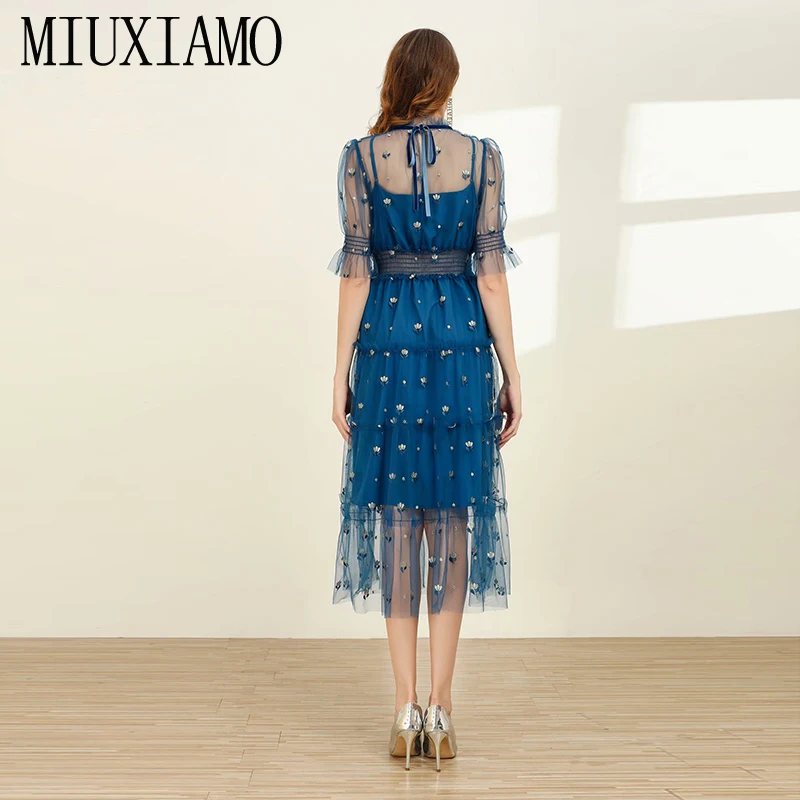 MIUXIMAO, высокое качество,, весеннее платье, роскошная Цветочная вышивка, длинный рукав, Элегантное синее длинное платье для женщин, vestidos