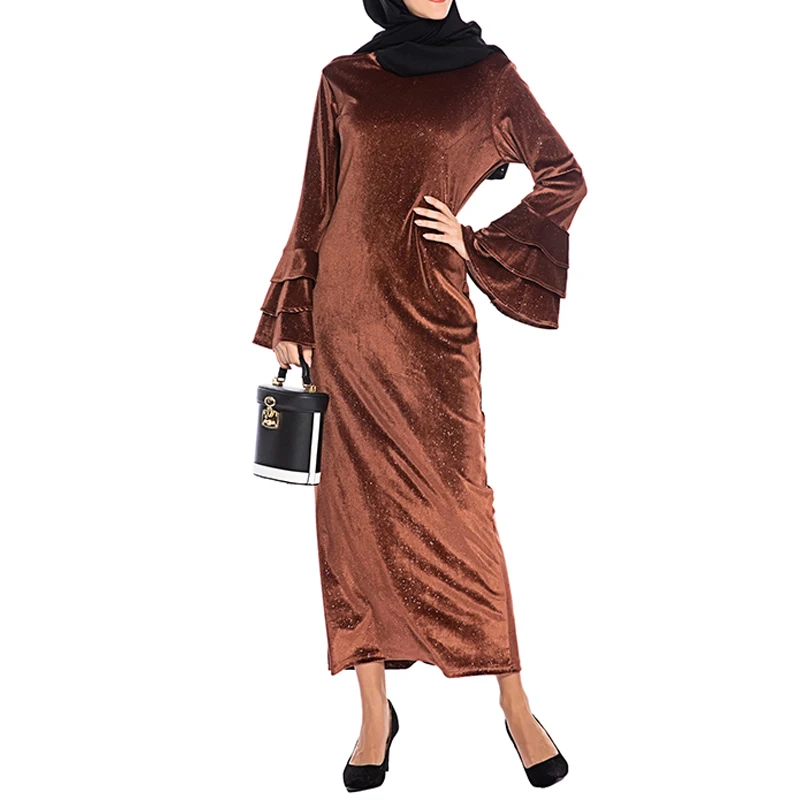 brown dress Плюс размер блесток Бархат абайя турецкие платья хиджаб мусульманский с длинным рукавом платье ислам одежда абайя s женский Восточный халат Caftan Дубай - Цвет: brown dress