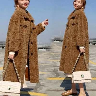 khaki Neploe имитация овцы Sheared средней длины пальто женские осенние элегантные свободные толстые темпераментные Abrigos Mujer Invierno 46255 - Цвет: khaki