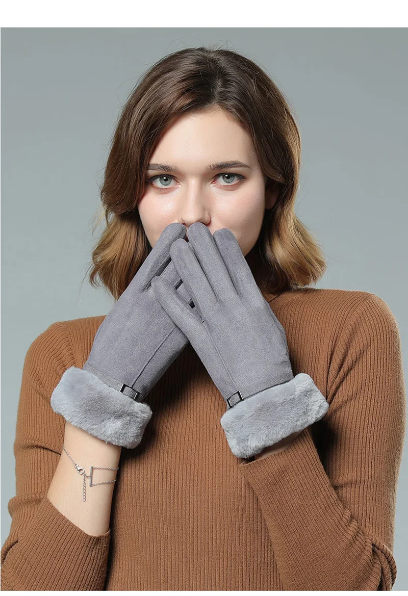 

Simple buckle touch screen warm gloves female winter suede double layer plus velvet thickening riding touch screen gloves C56A