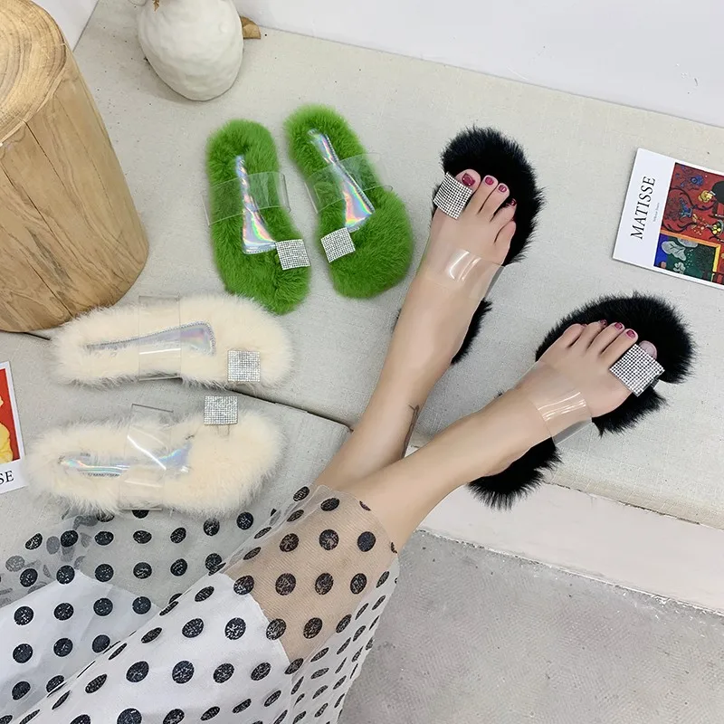 

Plush Slipper Women's 2019 Autumn And Winter New Style Transparent Film Diamond Flip-flop Really Rabbit Fur Flat Sandals Cool Sh