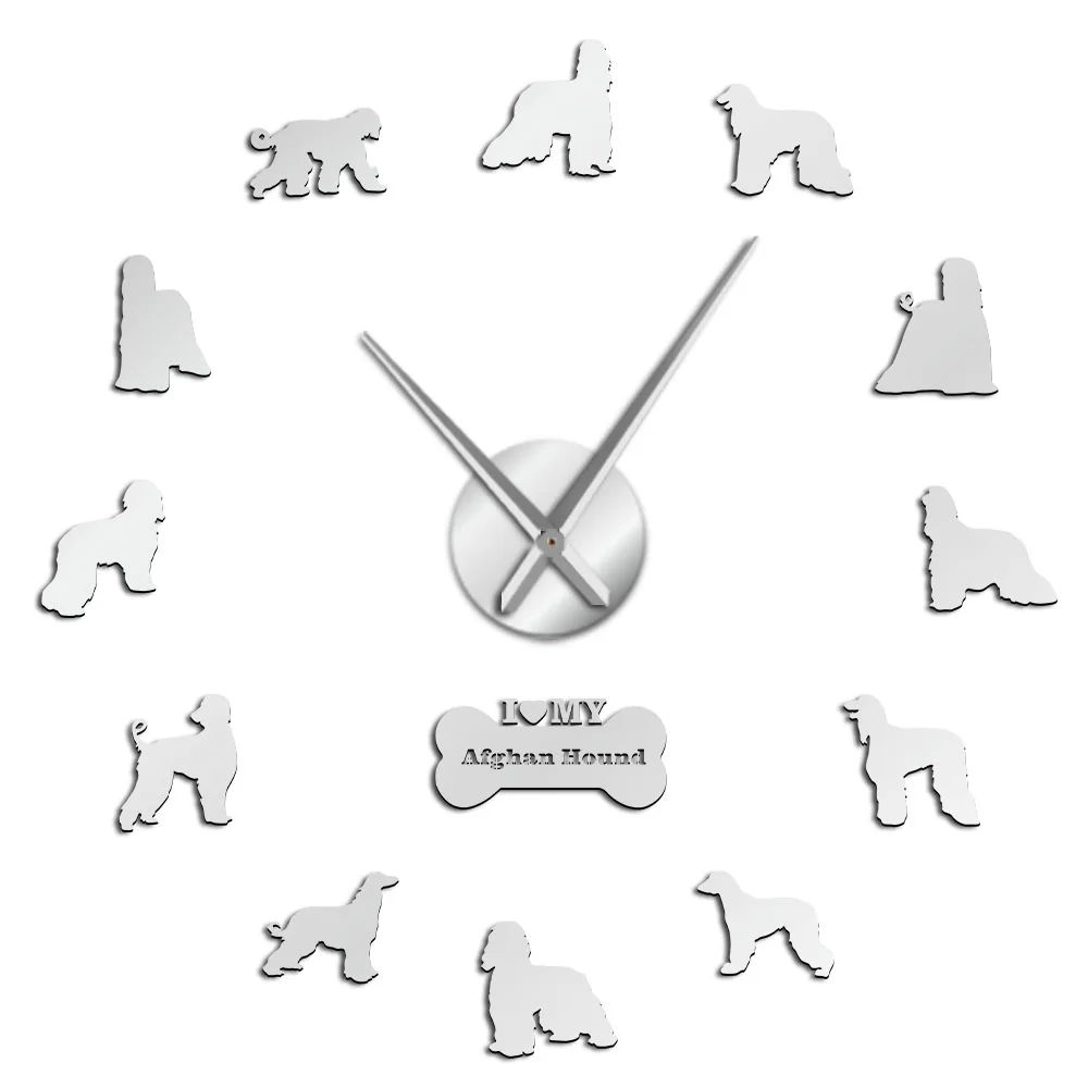 Silver Afghan Hound Dog Breed Large Wall Art Stickers Puppy Dog Pets Decorative Big Wall Clock Silent Movement Hanging Clock Wall Watch - Цвет: Silver