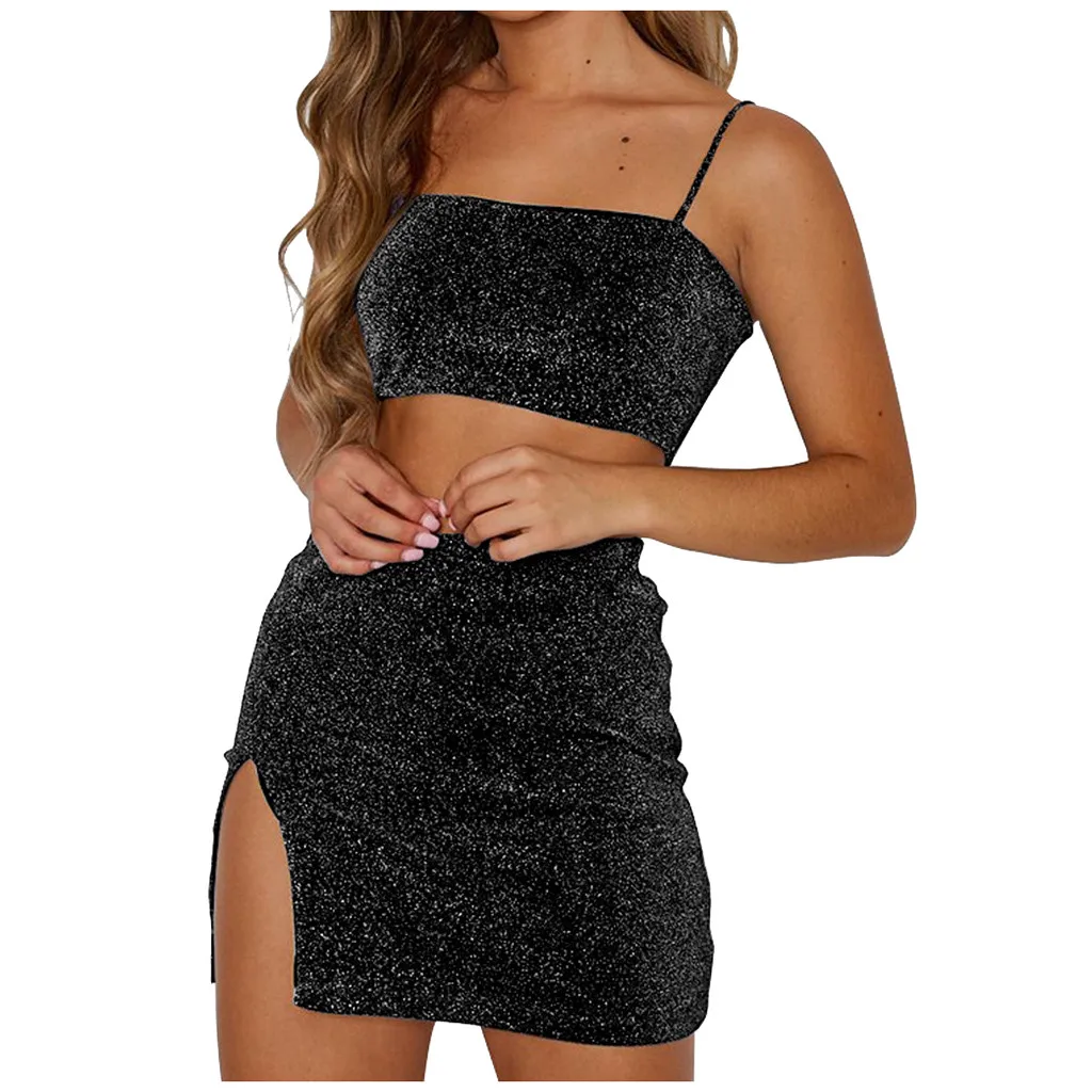 Stylish Bar Sexy Women Set Summer Ladies Shining Vest Crop Tops Opening Pencil Skirts 2 Pieces Slim Fit Party Sets Suits | Женская