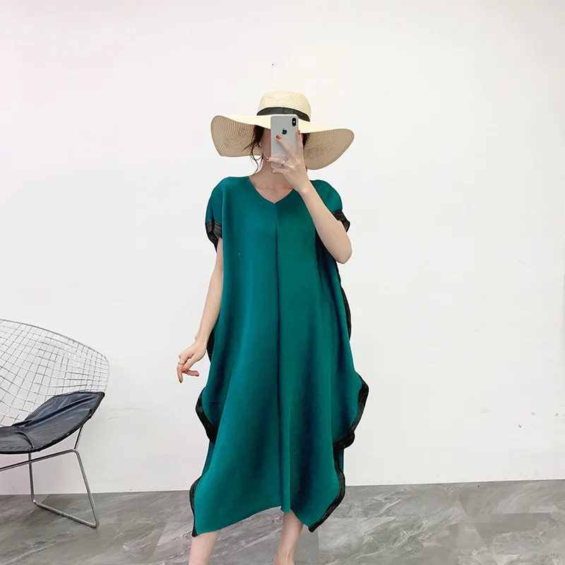 green LANMREM, новинка, весна и лето, круглый вырез, короткие рукава, оборки, плиссированный пуловер, свободные платья для женщин, vesitdo WJ73801 - Цвет: green