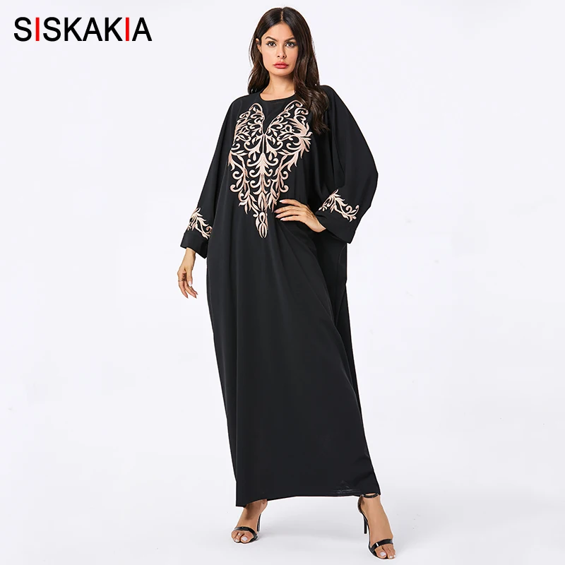 Siskakia повседневные мусульманские длинные платья с рукавом летучая мышь Черное винтажное платье с вышивкой абайя размера плюс арабская одежда