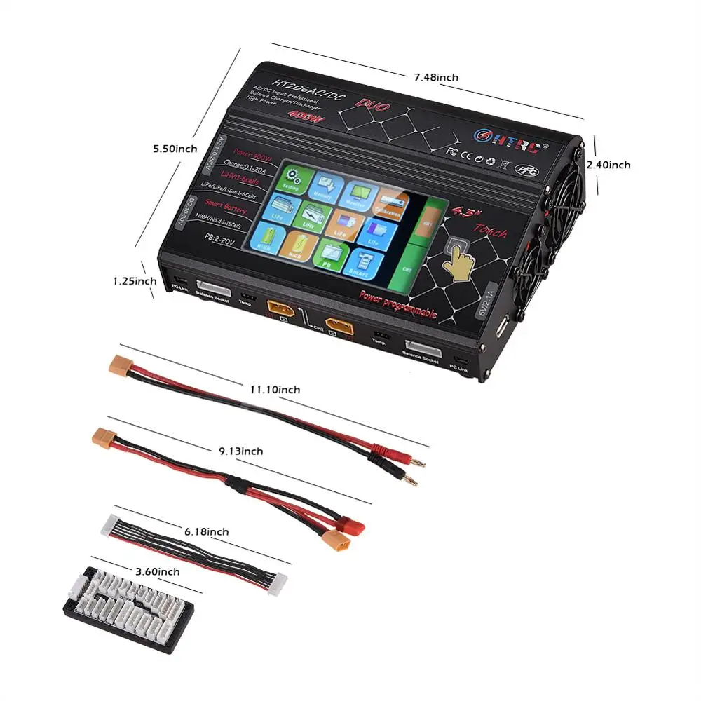HTRC HT206 RC 충전기 AC/DC 듀오 400W 40A 듀얼 포트 밸런스 Lipo 충전기 LCD 터치 스크린 Lilon/LiPo/LiFe/LiHV 배터리 방전기