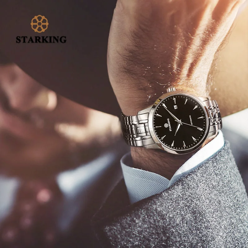 STARKING Mens Watch Automatic Mechanical Watch All Stainless Steel Simple Business Male Clock xfcs Luxury Brand Dress WristWatch
