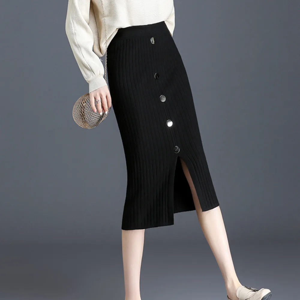 Однотонная черная однобортная винтажная вязаная теплая термоюбка для женщин визуальное уменьшение бедер Женская рабочая одежда вязаные юбки женские зимние