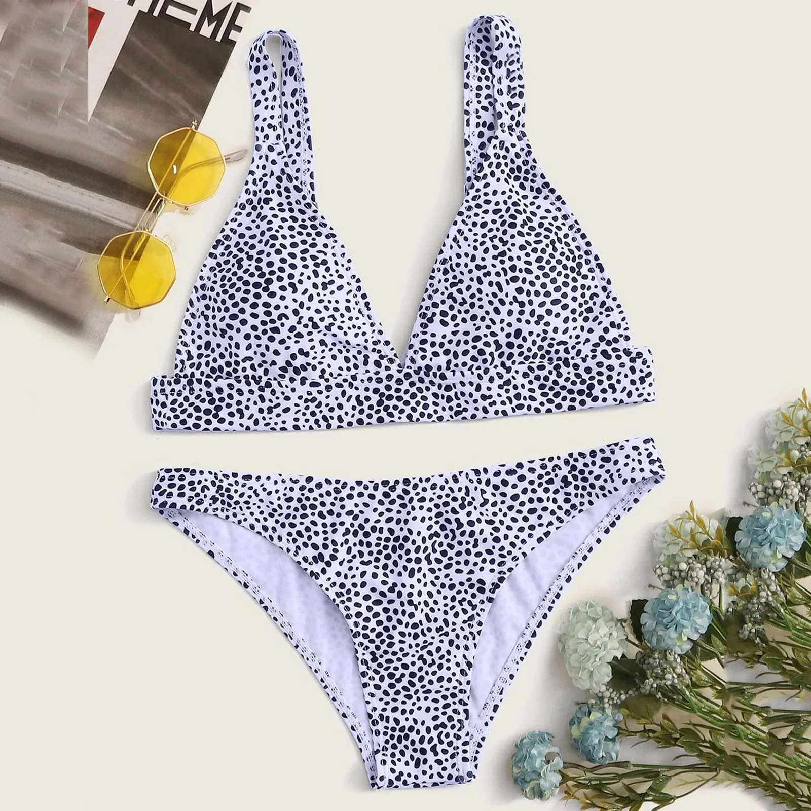 Bikini con estampado de lunares para mujer, bañador sexy con cuello