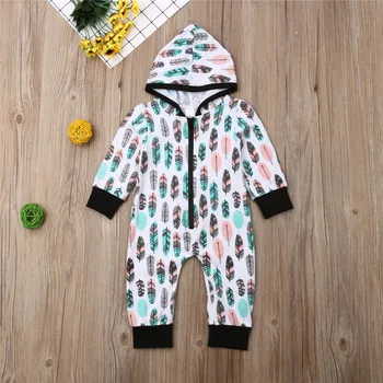 

0-24M Autumn Baby Rompers Long Sleeve Baby Girls Clothes Colorful Feather Print Newborn Rompers Zipper Baby Boys Hooded Playsuit