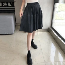 [EAM] высокая эластичная талия плиссированная разноцветная темпераментная юбка средней длины женская модная новинка весна осень 1D475