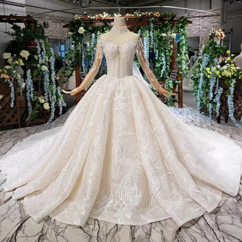 شراءBGW HT4234 فساتين زفاف فاخرة مع طرحة زفاف رقبة عالية وأكمام طويلة زر زي العرائس مع قطار Vestido De Casamento