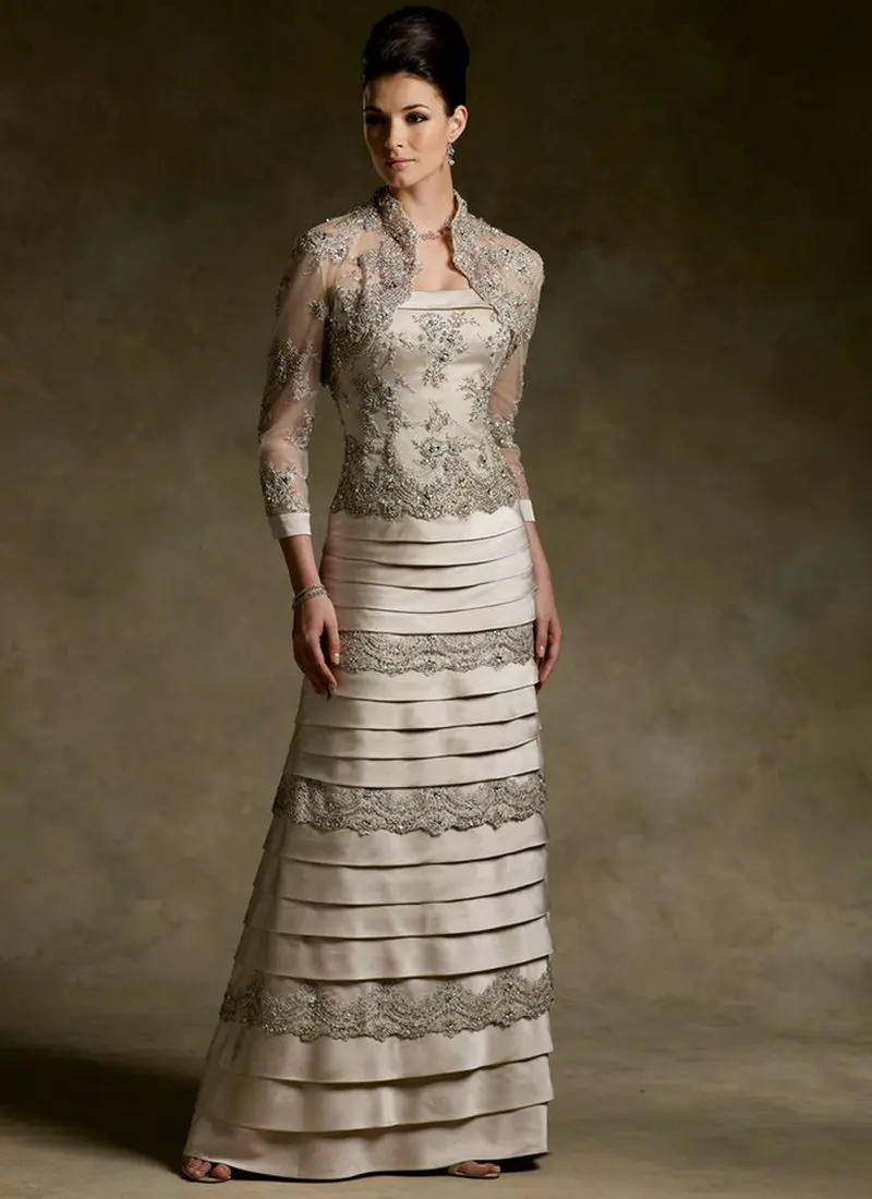 Атласное и кружевное многослойное вечернее платье цвета шампанского vestidos de festa vestido longo платья для матери невесты с жакетом
