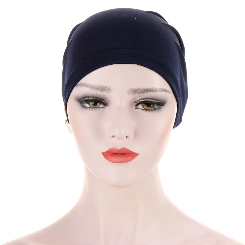 KepaHoo 여성용 신축성있는 새틴 꽃 터번 보닛 Hijab 모자 솔리드 컬러 이슬람 내부 Hijabs Headwrap Chemo Cap