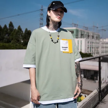 

Hip-Hop Pure Cotton Fake Two Pieces T-Shirts with Patch Pocket Letters Printed Streetwear Students Short Sleeves T Shirt For Men