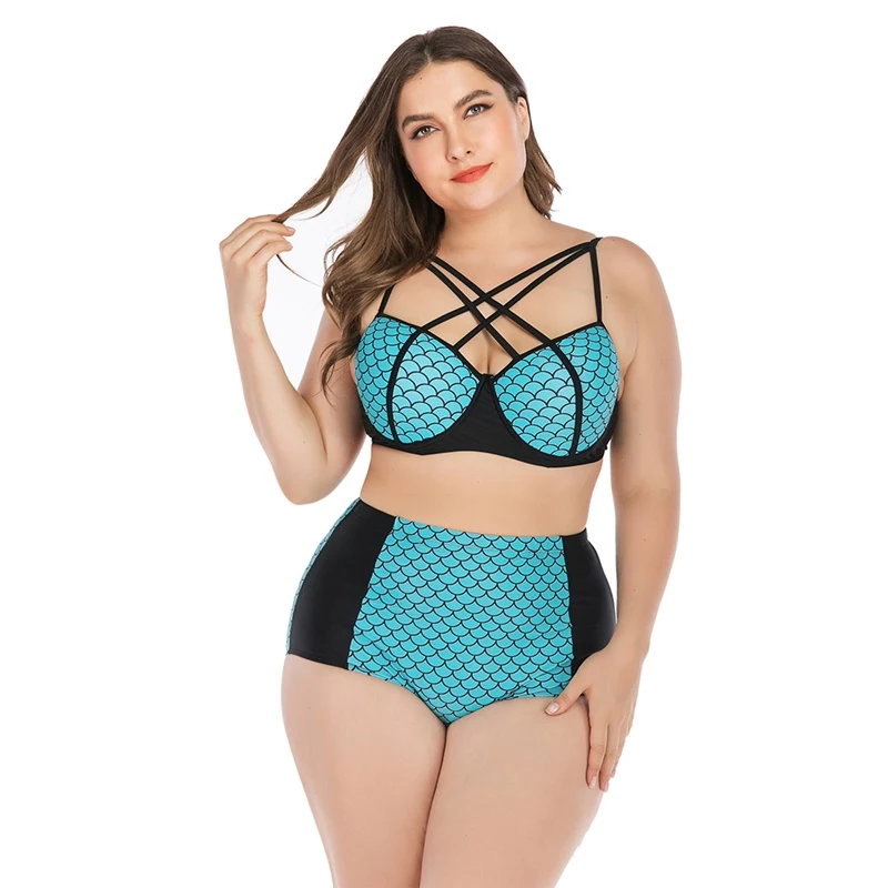 

summer bikini Patchwork High Waist Strappy Plus Size Swimsuit Beach Swimming Suit