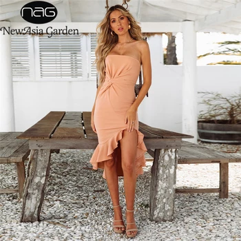 

NewAsia Garden Sexy Ruffle Dress Slash Neck White Dress Women Sleeveless Strapless Summer Dress Solid Color Waist Ruched Vestido