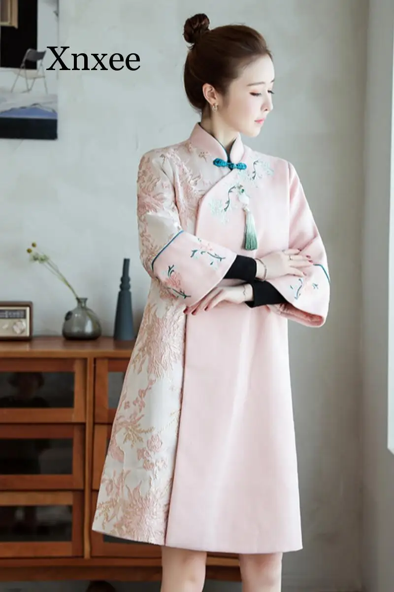 Китайское платье для женщин ao dai cheongsam Цветочная вышивка Мандарин Воротник Восточный qipao длинный рукав теплый плотный шерстяной Халат