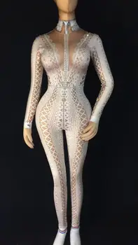 

New 3 Colors Rhinestones Printed Sexy Bodysuit Women's Stretch One-piece Jumpsuit Nightclub Party Singer Dance Show Stage Wear